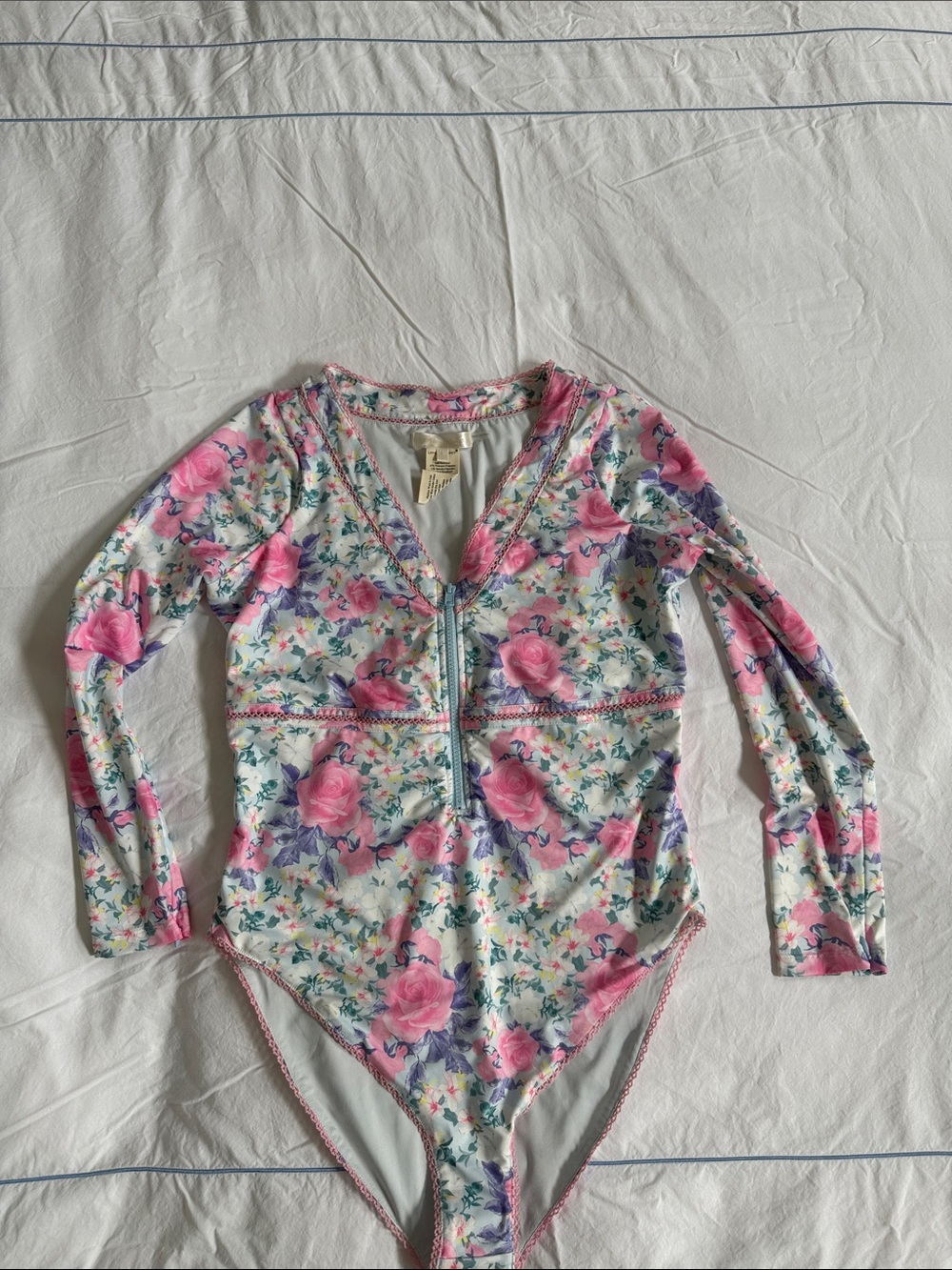 Womens LoveShackFancy  Floral Long-Sleeve One-Piece Swimsuit - Pink Floral L